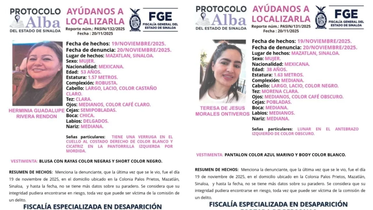 Hombres armados interceptan y raptan a Teresa y Herminia en Mazatlán; lanzan Protocolo Alba