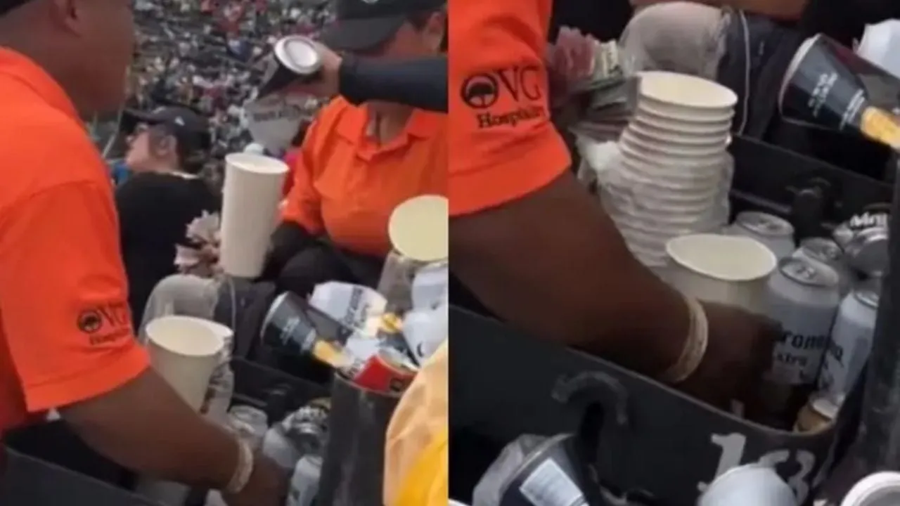Captan a vendedor sirviendo cerveza adulterada con agua sucia en la Serie Nascar CDMX (Video)