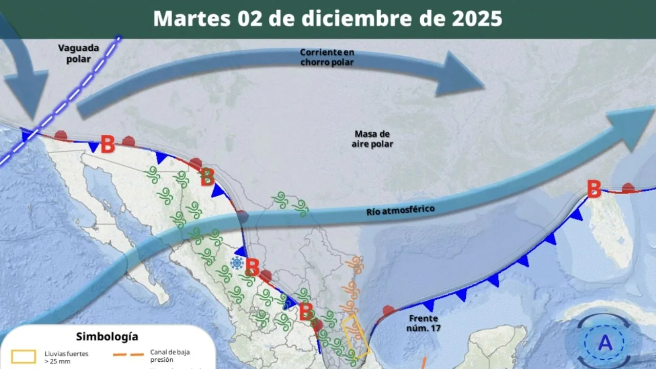 Avanza la masa de aire polar del frente frío 17; lluvias fuertes el martes en los siguientes estados
