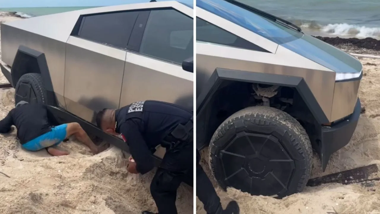 Una Cybertruck queda atascada en playa de Yucatán; así lograron removerla (Videos)
