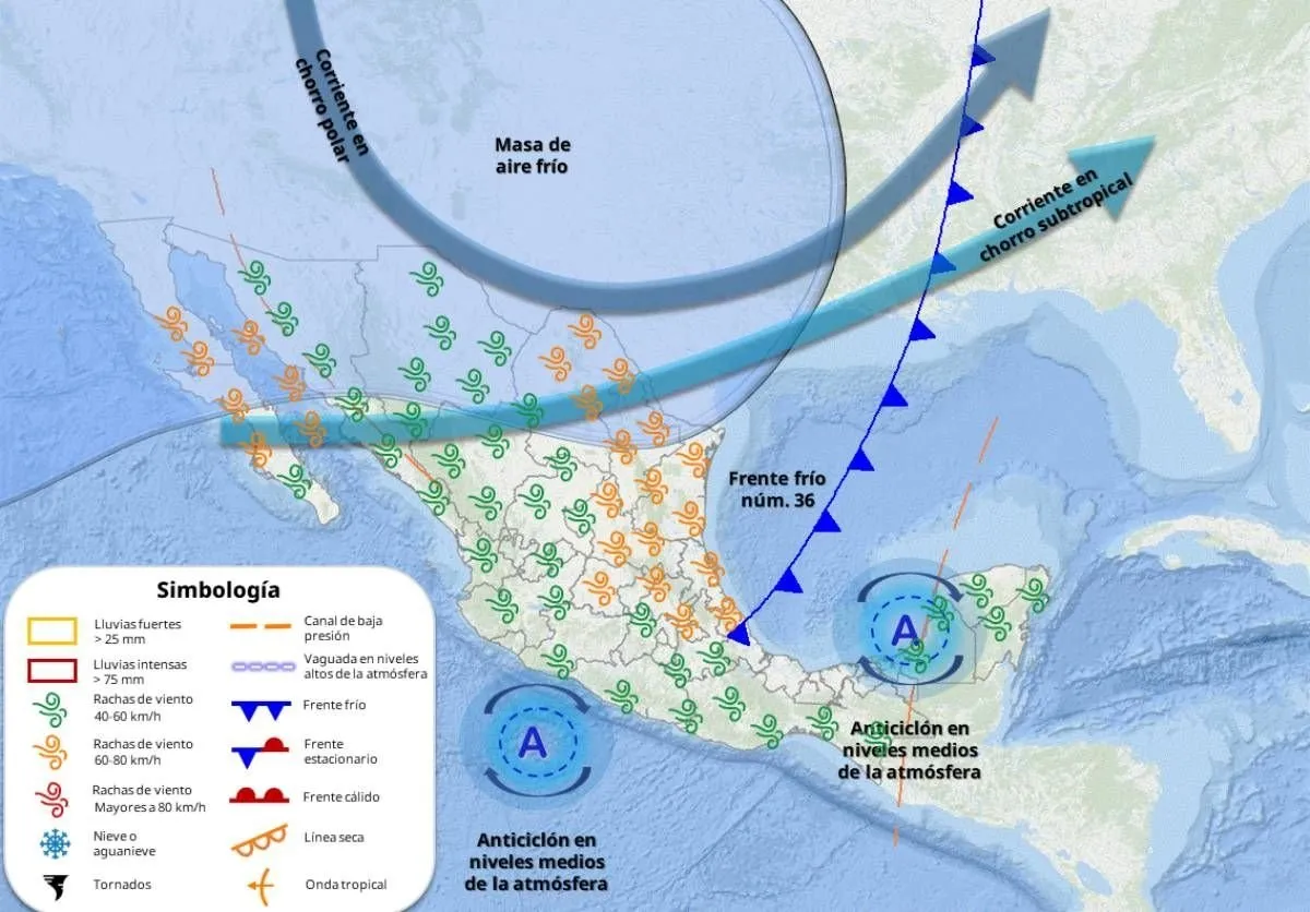Frente frío 36 provocará lluvias y vientos fuertes este miércoles en los siguientes estados
