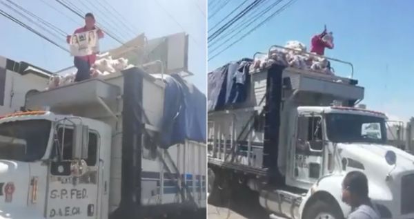 Hallan camión lleno de despensas con logos del PAN PRI y PRD 