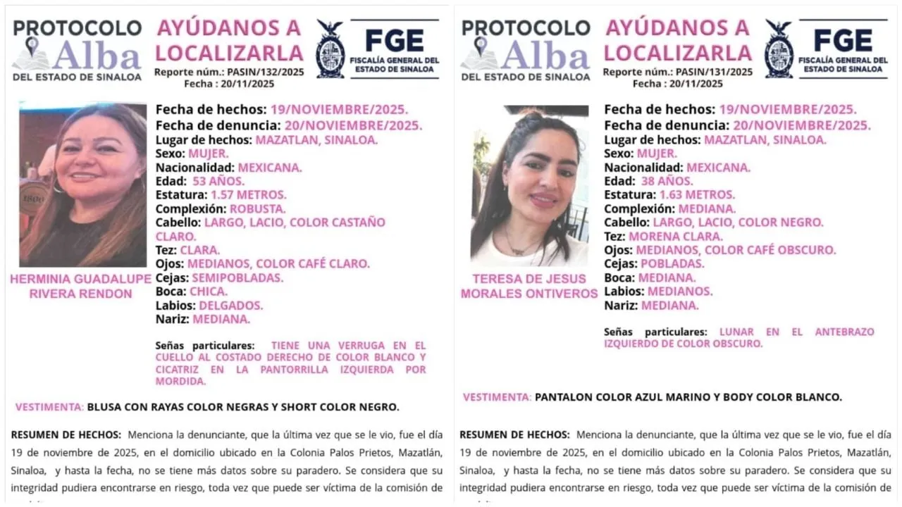 Red Defensoras DH México urge la búsqueda y localización de dos mujeres desaparecidas en Mazatlán