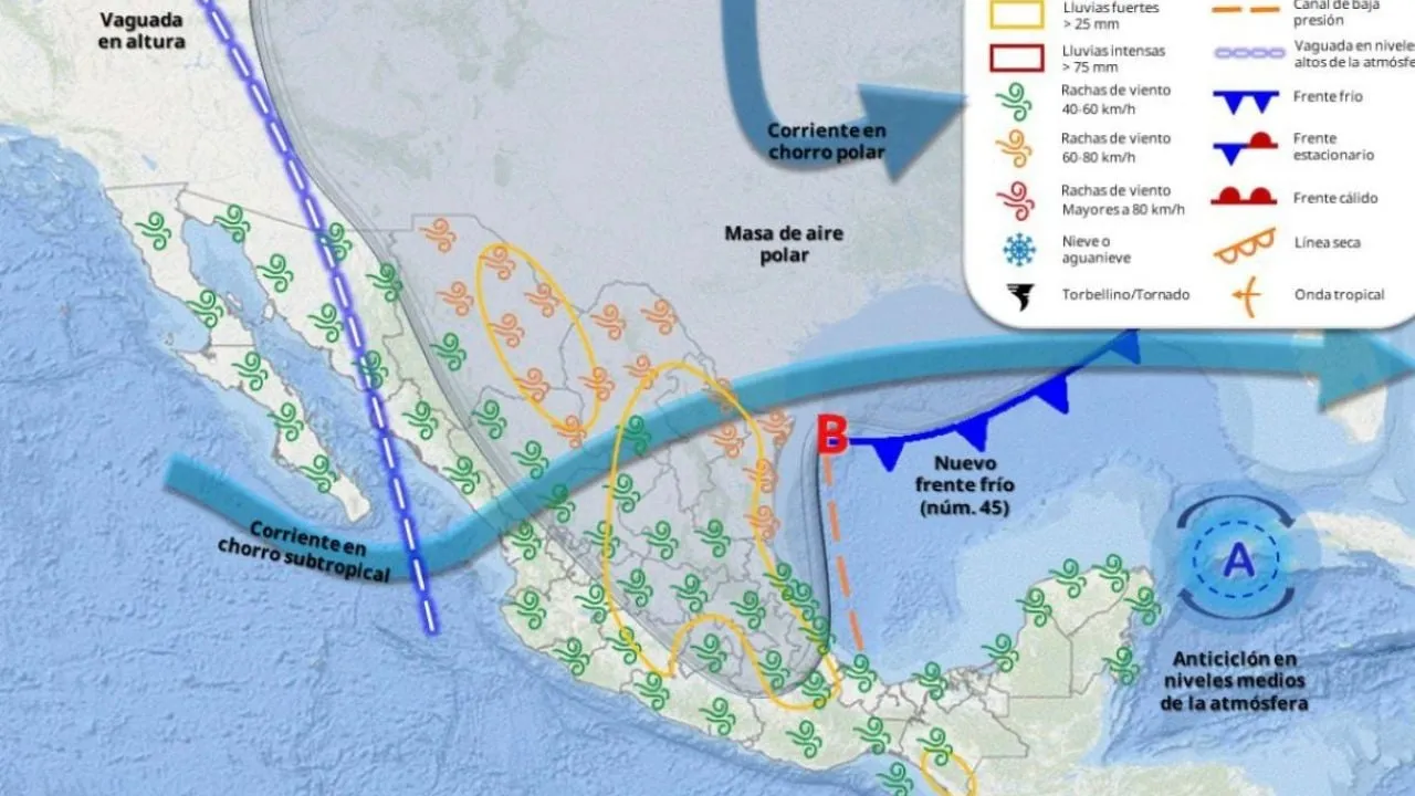Frente frío 45 atacará de viernes a lunes con lluvias fuertes y masa de aire polar