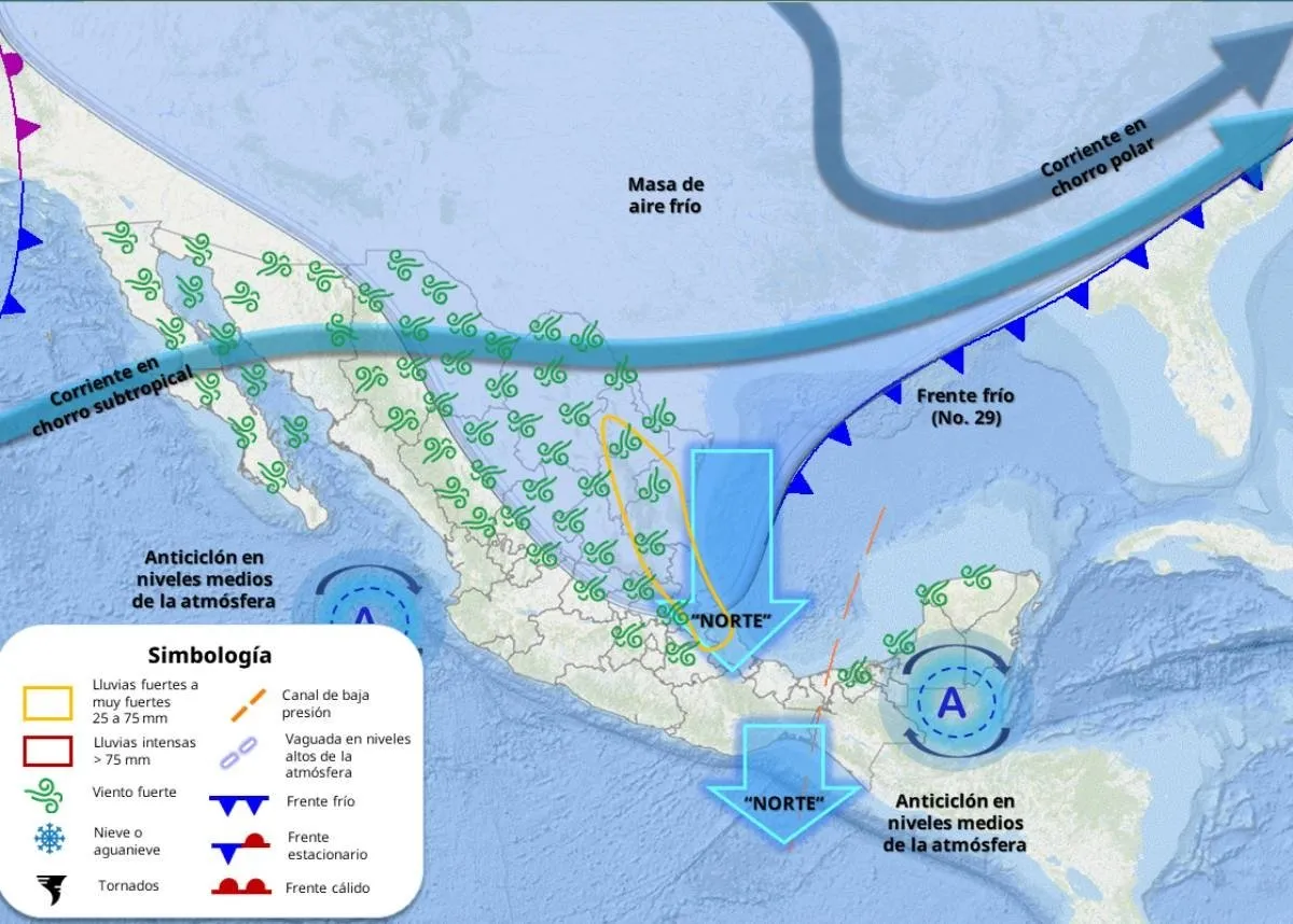 Frente frío 29 llega este jueves con su masa de aire gélido; lluvias muy fuertes en estas entidades