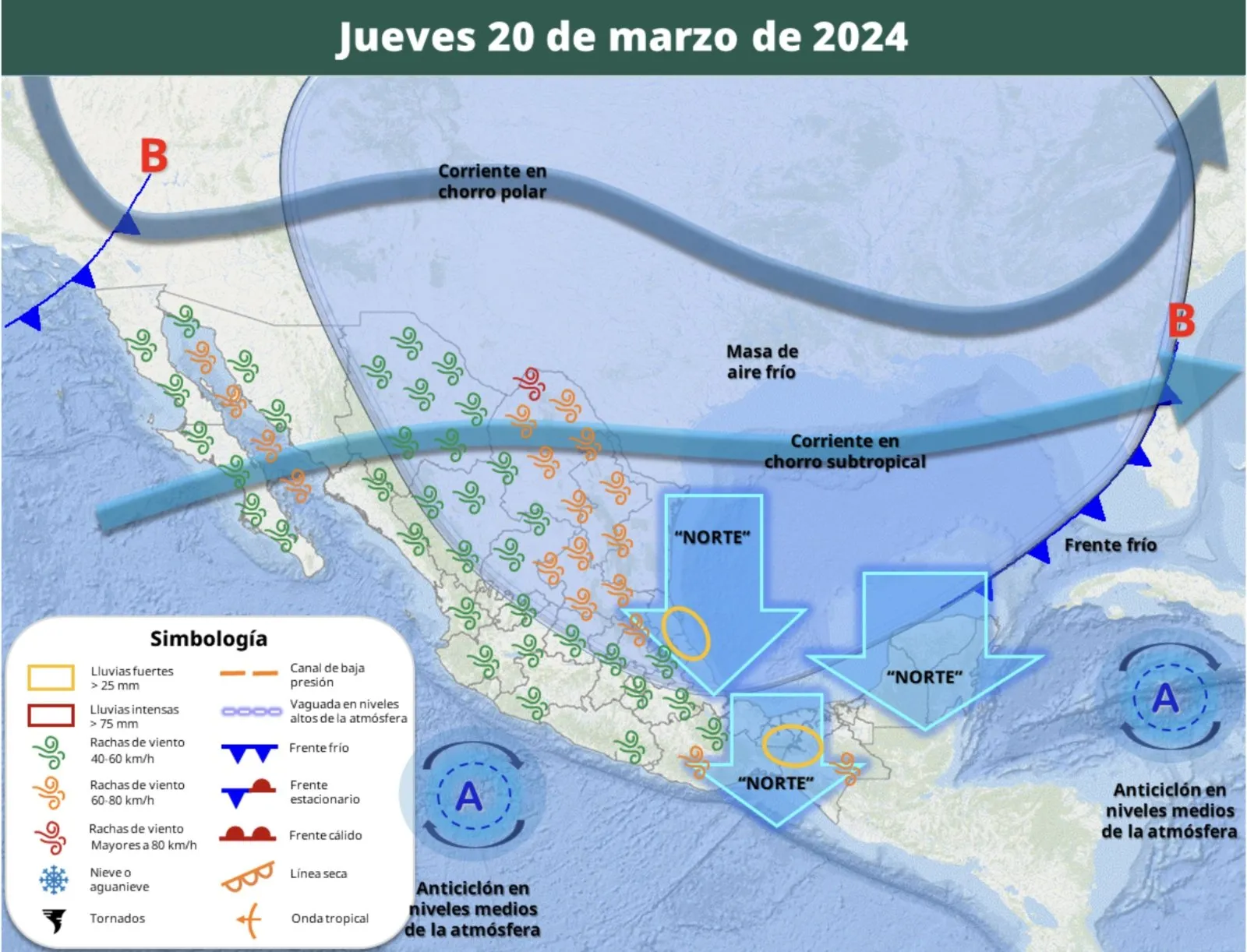 Así impactará la masa de aire frío del frente 36 entre lunes y jueves con lluvias y vientos fuertes